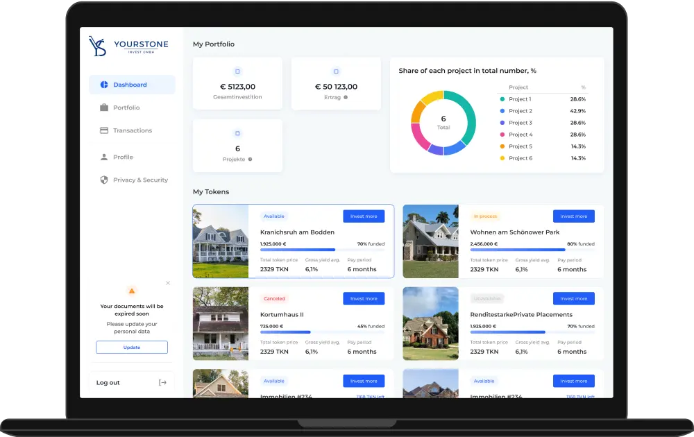 YourStone Invest PORTFOLIO Auf diesem Dashboard finden sie eine übersichtliche Darstellung ihrer aktuellen Investitionen. Die wichtigsten Informationen sind auf einen Blick verfügbar, was eine effiziente und schnelle Bewertung der finanziellen Situation ermöglicht.